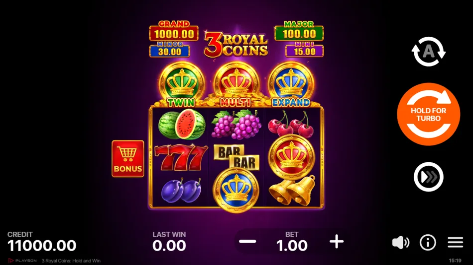 3 Royal Coins Hold and Win base game with fruit symbols and Wild 777